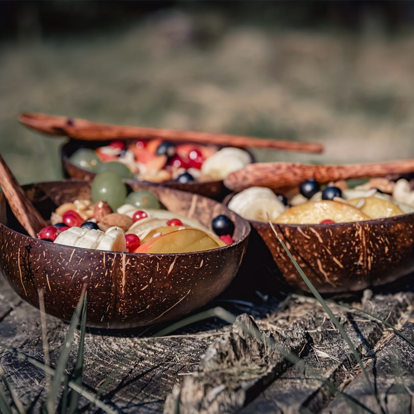 1 Set Of 4 Pcs, Include 2 Coconut Bowls And 2 Wooden Spoons, Coconut Bowl And Wooden Spoon Set, Healthy Vegan Salad Bowl Set, Smoothie Bowl, Natural Coconut Bowl, For Home Kitchen Restaurant, Kitchen Supplies, Tableware Acces