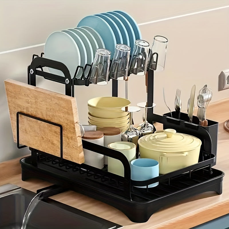 1pc 2-tier Dish Drying Rack Set With Drainboard, Large Bowl Storage Rack With Cutting Board Holder, Cup Rack, Kitchen Accessories, Countertop Organizer, Home Organization And Storage Supplies