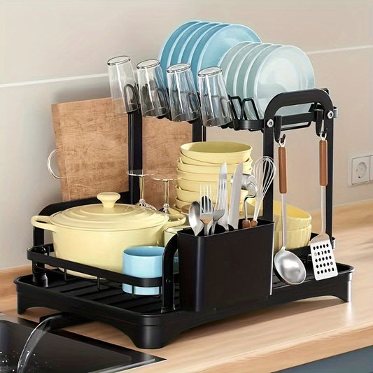 1pc 2-tier Dish Drying Rack Set With Drainboard, Large Bowl Storage Rack With Cutting Board Holder, Cup Rack, Kitchen Accessories, Countertop Organizer, Home Organization And Storage Supplies