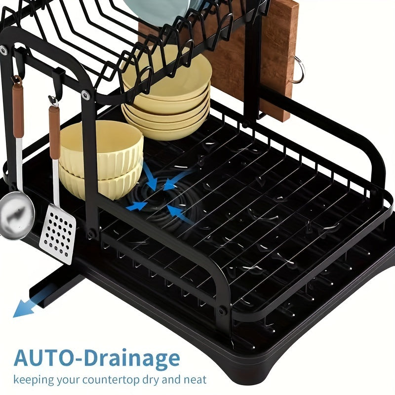 1pc 2-tier Dish Drying Rack Set With Drainboard, Large Bowl Storage Rack With Cutting Board Holder, Cup Rack, Kitchen Accessories, Countertop Organizer, Home Organization And Storage Supplies