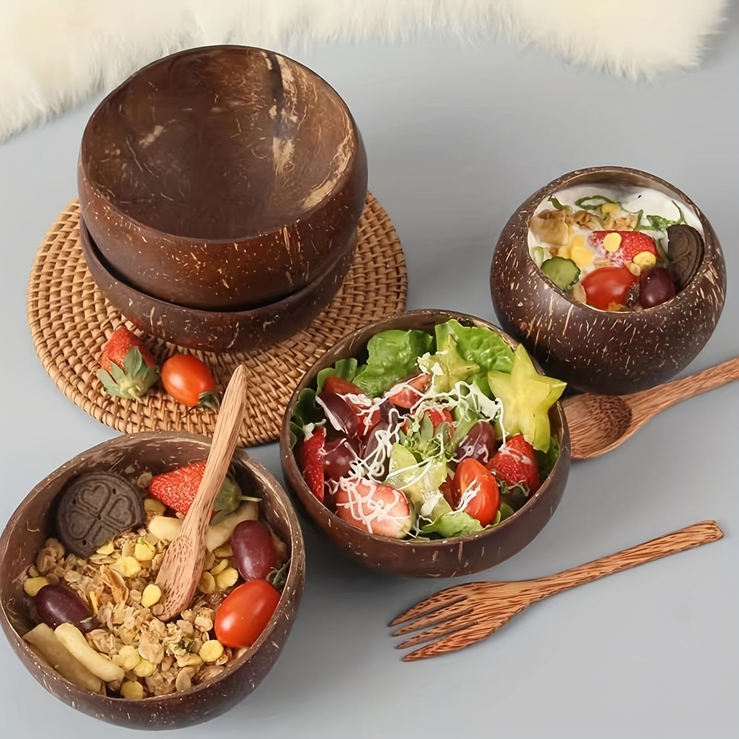 1 Set Of 4 Pcs, Include 2 Coconut Bowls And 2 Wooden Spoons, Coconut Bowl And Wooden Spoon Set, Healthy Vegan Salad Bowl Set, Smoothie Bowl, Natural Coconut Bowl, For Home Kitchen Restaurant, Kitchen Supplies, Tableware Acces