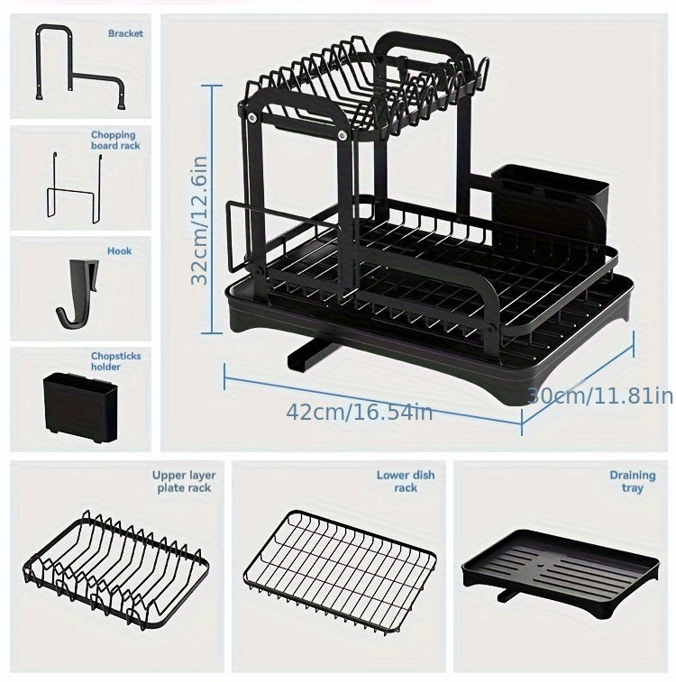 1pc 2-tier Dish Drying Rack Set With Drainboard, Large Bowl Storage Rack With Cutting Board Holder, Cup Rack, Kitchen Accessories, Countertop Organizer, Home Organization And Storage Supplies
