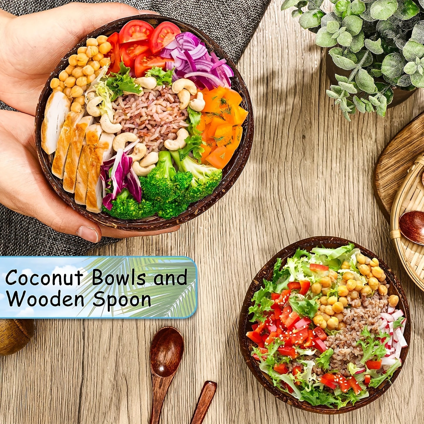 1 Set Of 4 Pcs, Include 2 Coconut Bowls And 2 Wooden Spoons, Coconut Bowl And Wooden Spoon Set, Healthy Vegan Salad Bowl Set, Smoothie Bowl, Natural Coconut Bowl, For Home Kitchen Restaurant, Kitchen Supplies, Tableware Acces