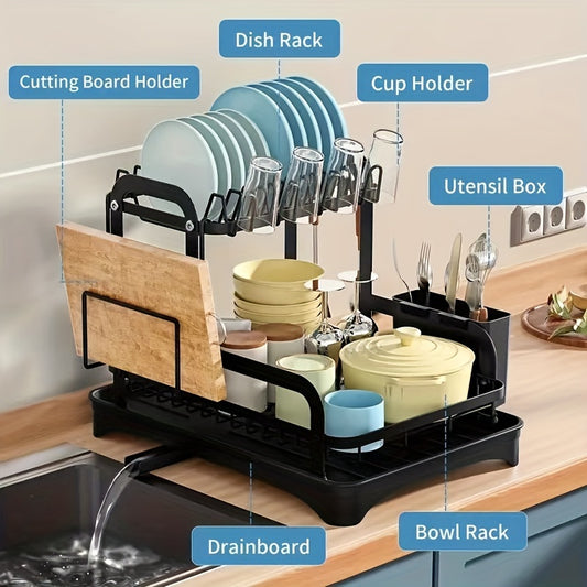1pc 2-tier Dish Drying Rack Set With Drainboard, Large Bowl Storage Rack With Cutting Board Holder, Cup Rack, Kitchen Accessories, Countertop Organizer, Home Organization And Storage Supplies