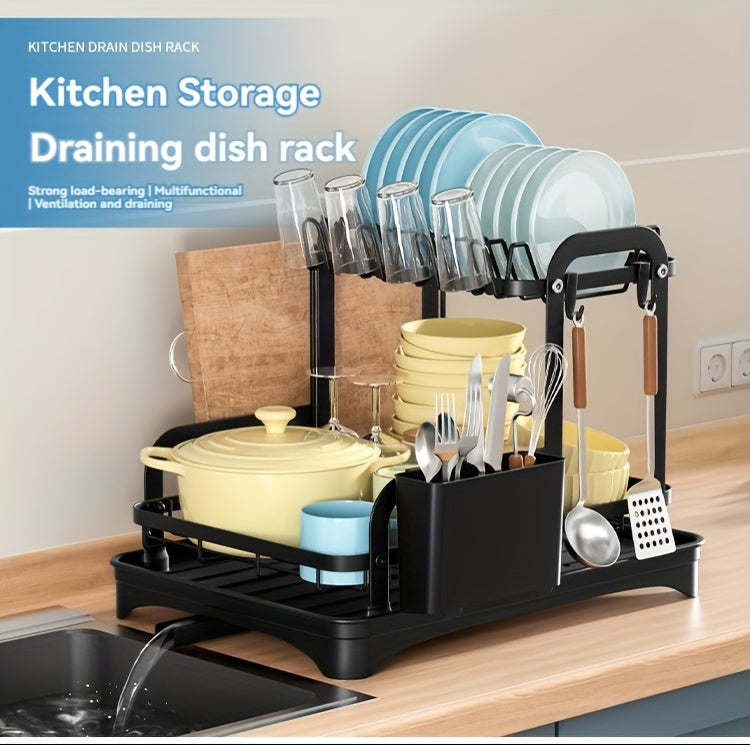 1pc 2-tier Dish Drying Rack Set With Drainboard, Large Bowl Storage Rack With Cutting Board Holder, Cup Rack, Kitchen Accessories, Countertop Organizer, Home Organization And Storage Supplies